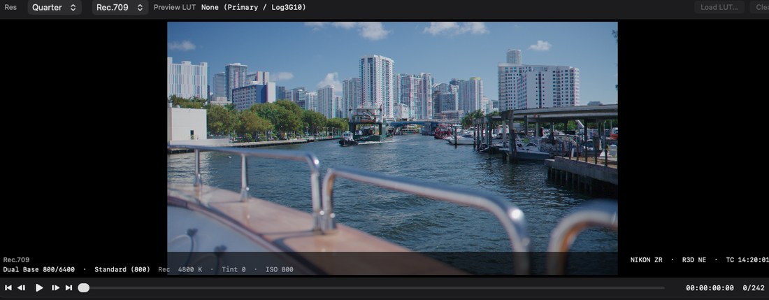 Preview set to Rec.709: Miami canal clip with display color.
