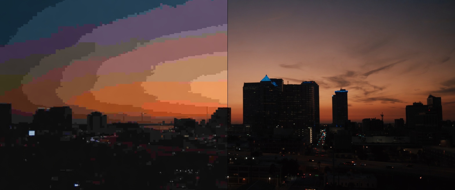 Same skyline: brick-like tiles on the left, a slightly softer continuous picture on the right.